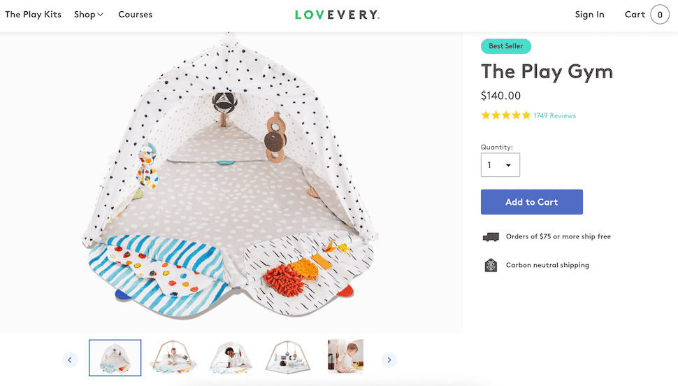 Lovevery Play Gym with toys and play features displayed on product page with price and reviews