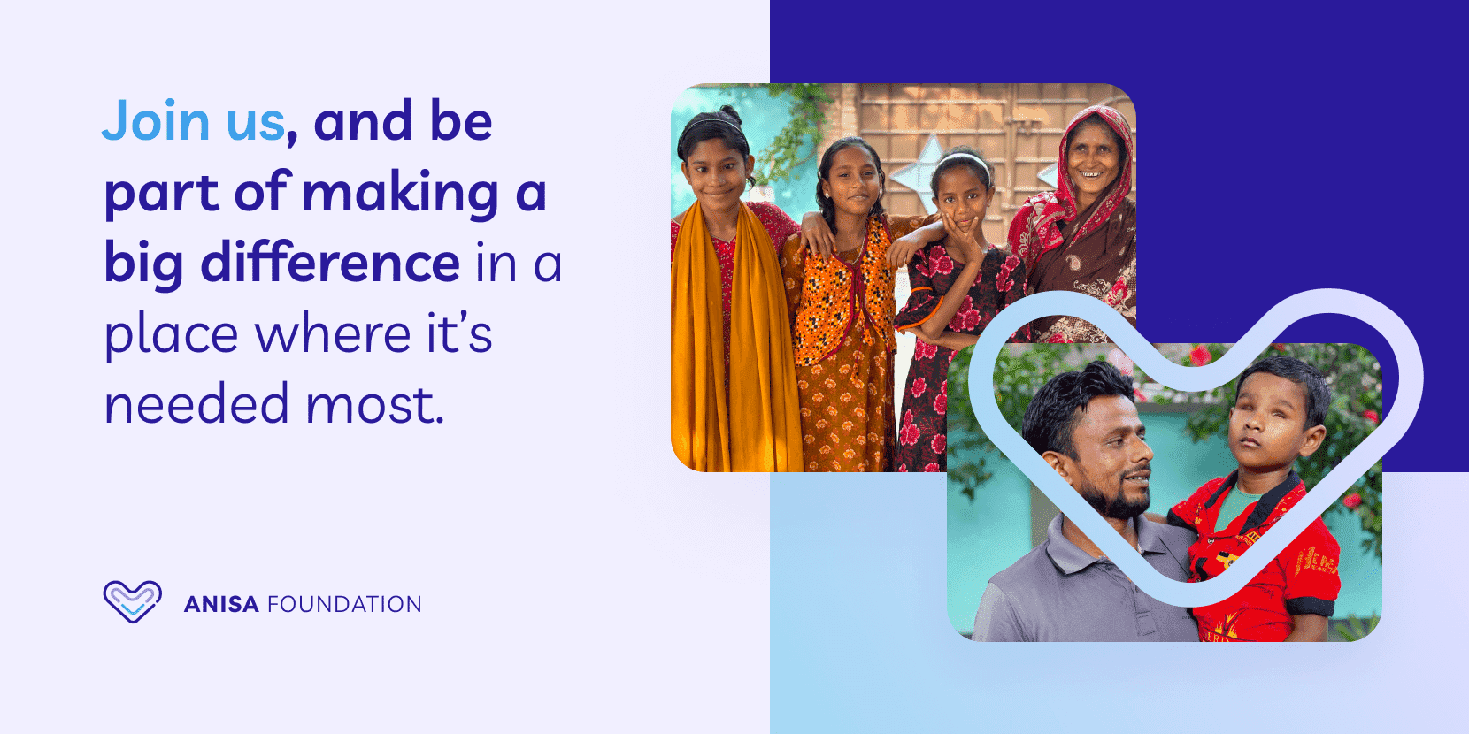 Anisa Foundation invitation to join, with smiling women and a man holding a young child