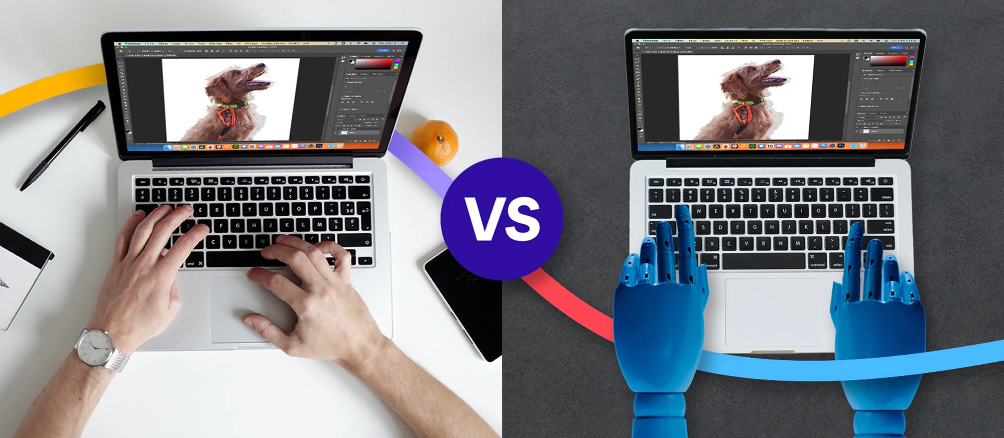 Side-by-side comparison of human and AI editing on laptops with dog image in Photoshop.
