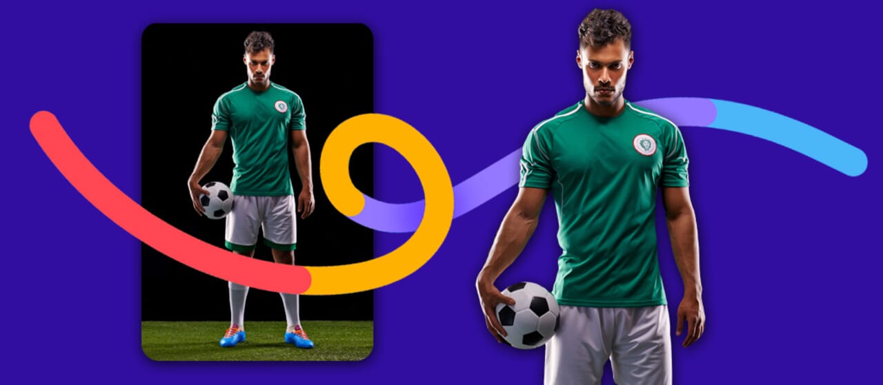 before after of athlete photo with background removed, holding a soccer ball