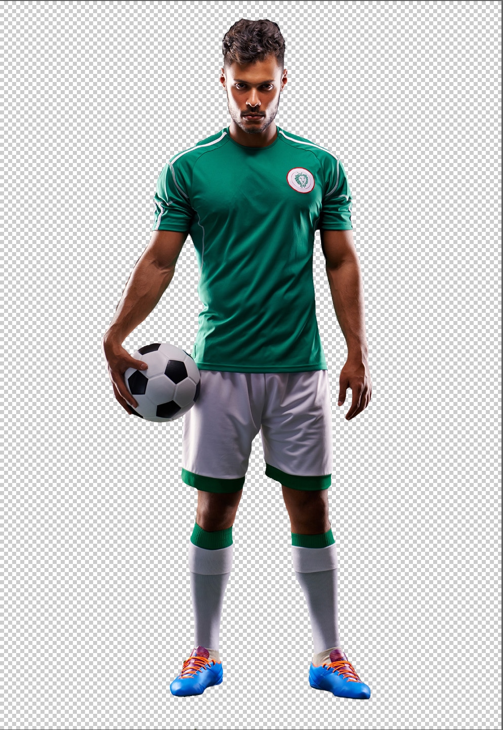 soccer player holding a ball, cut out on a transparent background