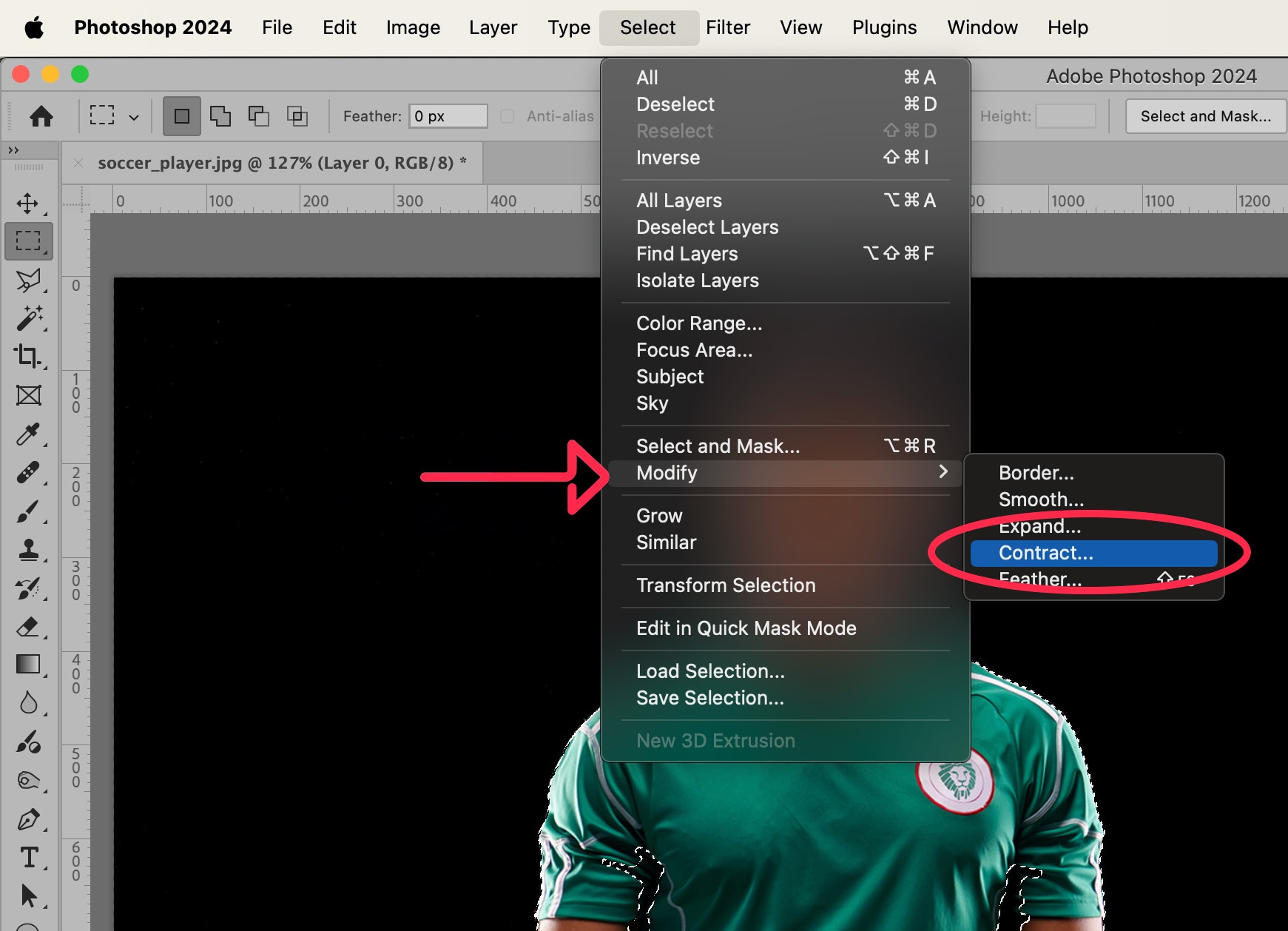 Photoshop editing options and menus showing Modify > Contract…”> <p>In the dialog box that appears, set a Contract value to something between 1 and 4 pixels. The amount you set it to will vary depending on the image you are working with. In this example, I’ve set the value to 3.</p> <img class=