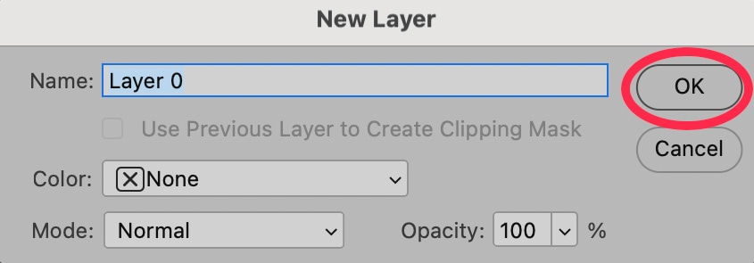 New Layer pop-up menu from Photoshop, showing Layer 0 with a red circle over the OK button