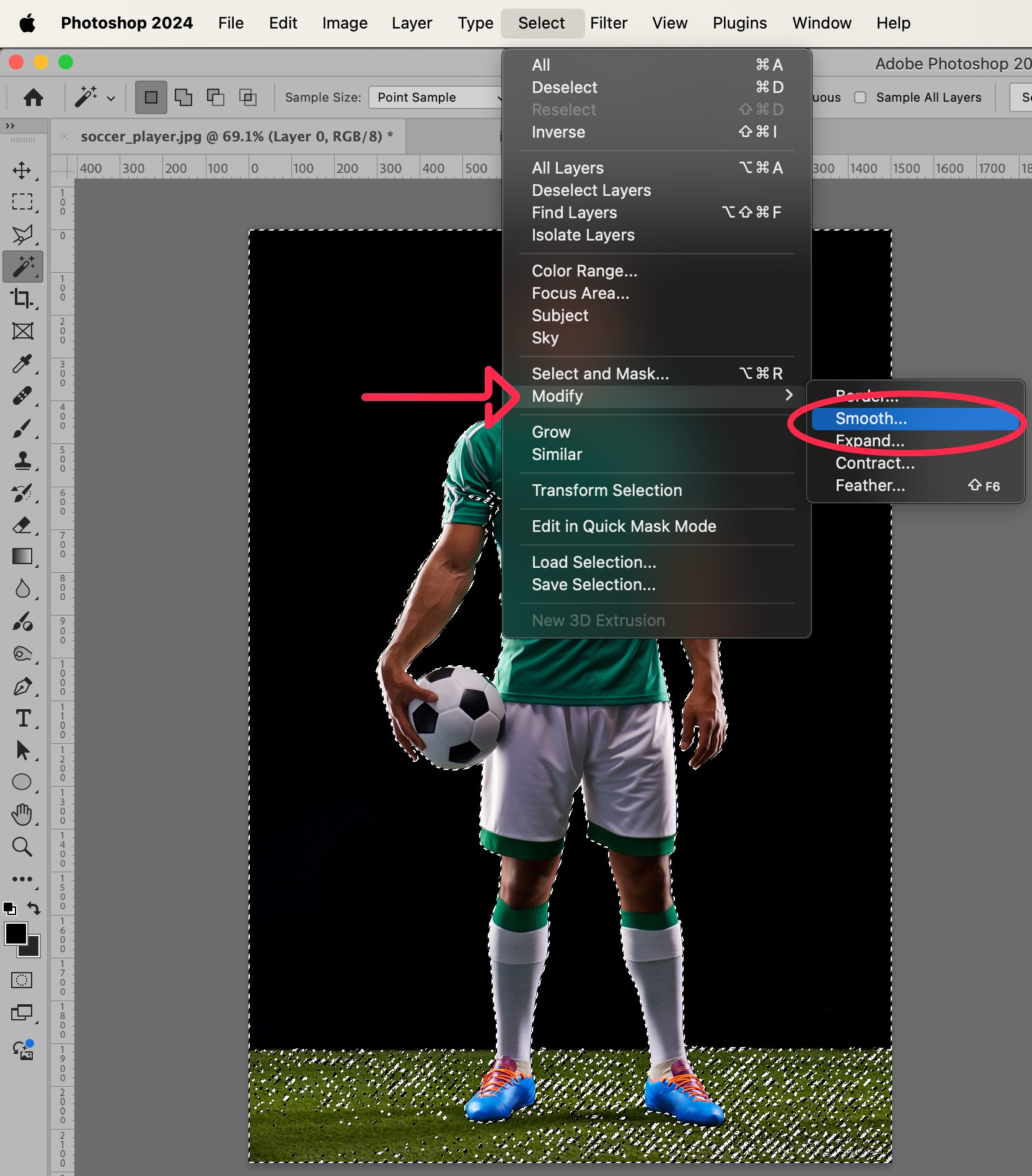Photoshop editing window showing how to Modify and Smooth your photo