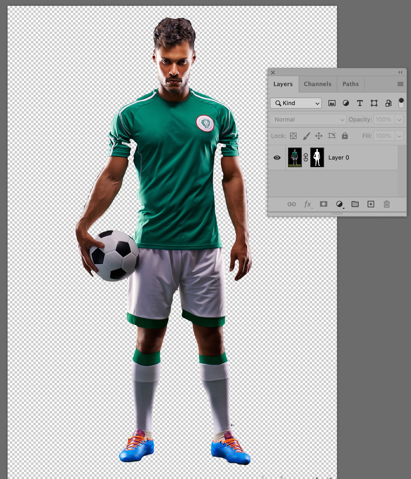 soccer player image being edited in Photoshop, showing with a transparent background