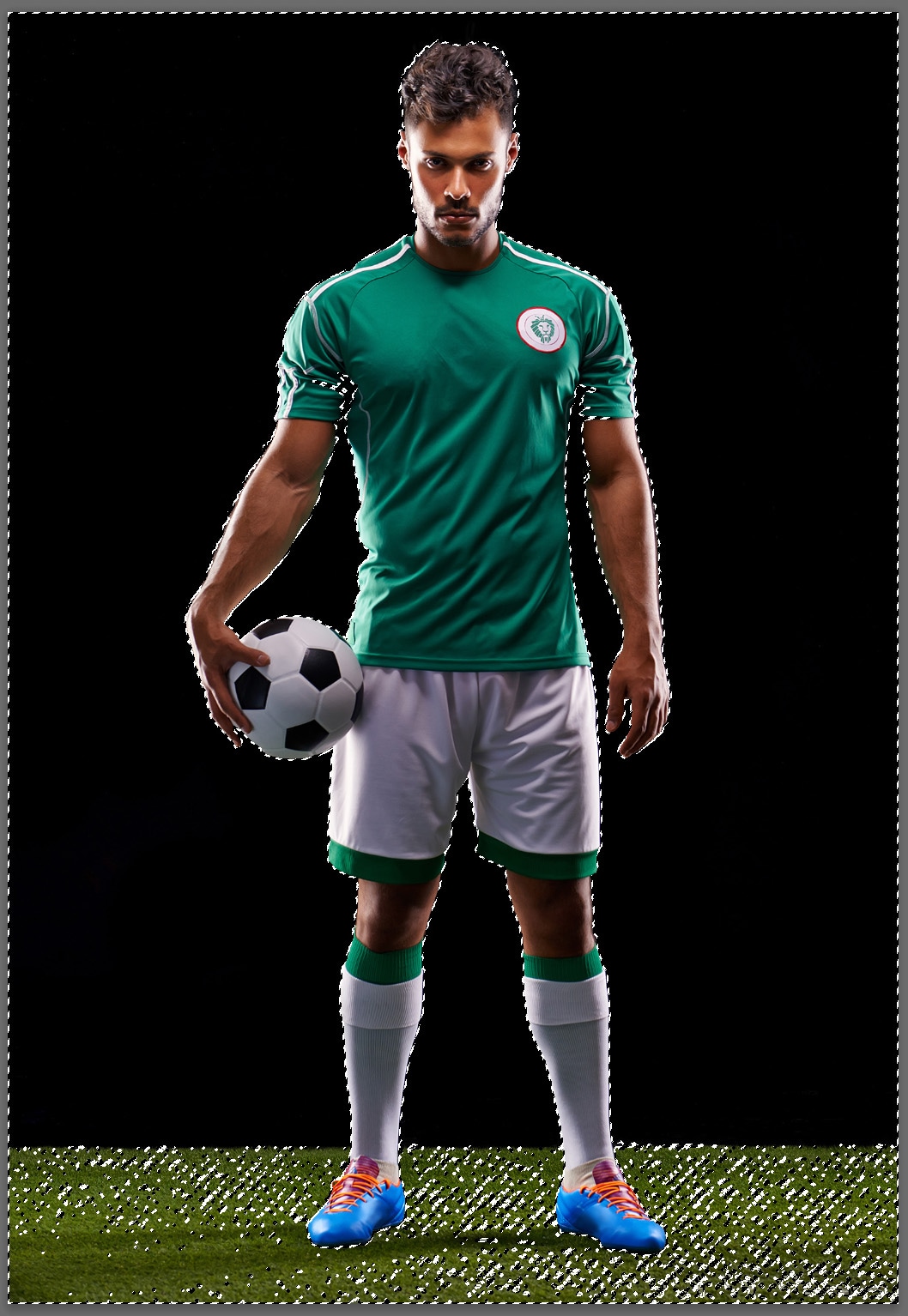soccer player standing on grass with black background and everything is outlined and starting to be edited