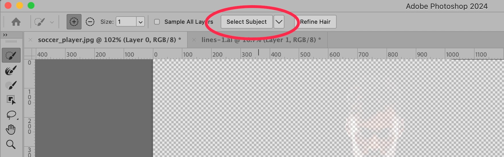 Photoshop menu showing select subject