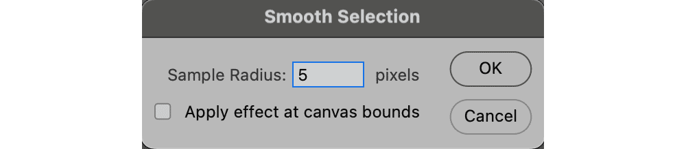 Photoshop Smooth Selection pop-up window, with 5 pixels set as the Sample Radius