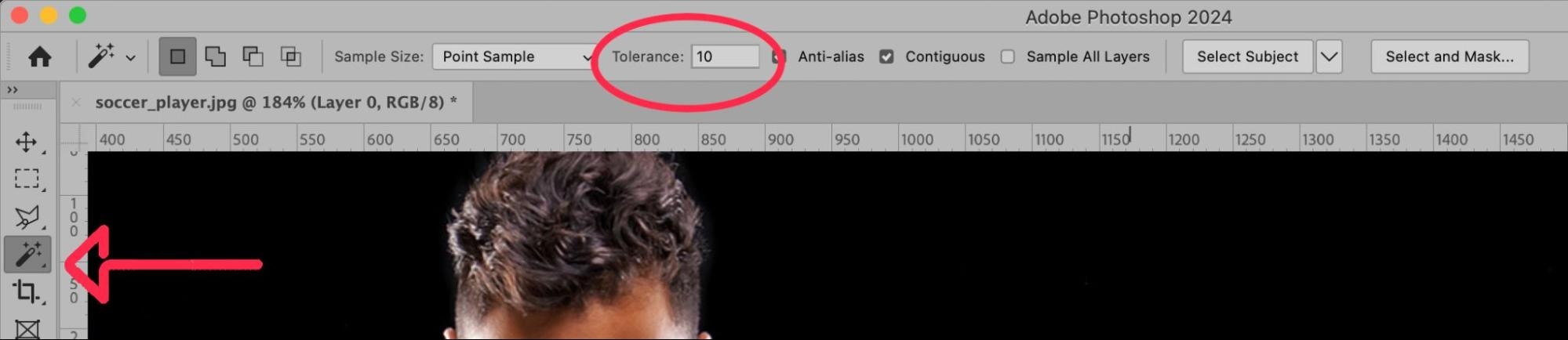 Photoshop main menu showing Tolerance at 0