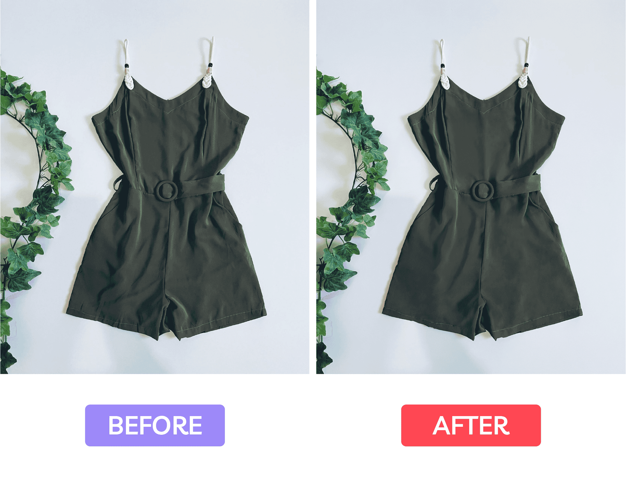 Olive green romper shown before and after retouching, with enhanced lighting and color for a polished presentation.