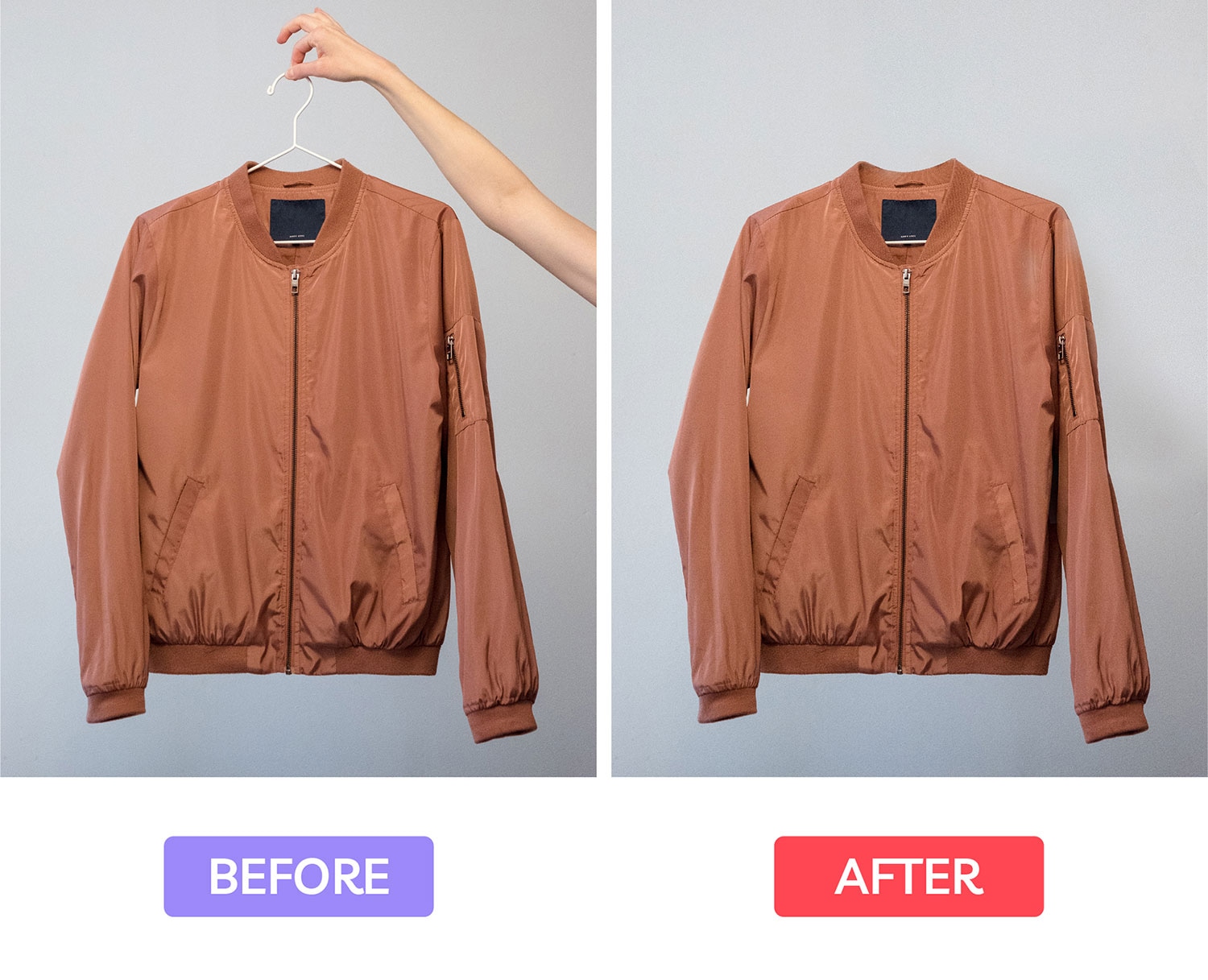 Brown jacket on hanger shown before and after background removal and retouching for a clean, professional product photo.