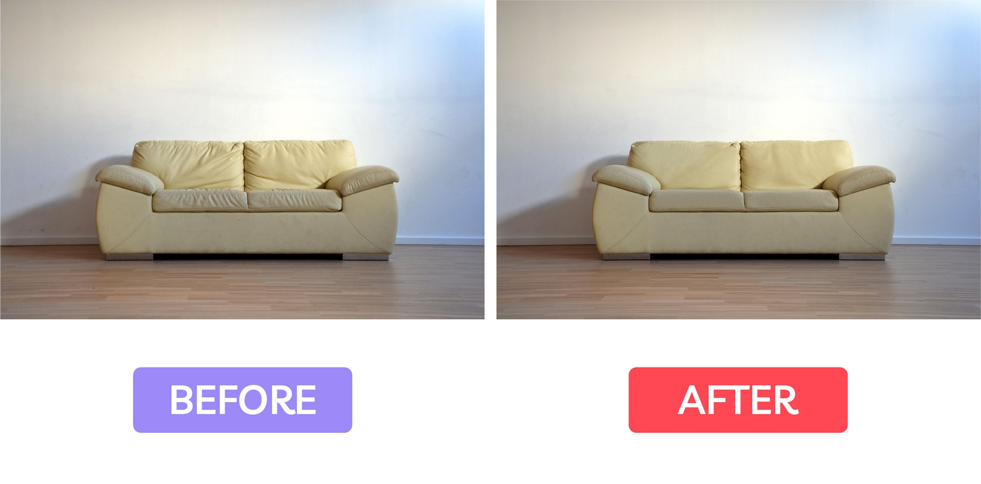 Beige couch shown before and after photo editing, with improved color vibrancy and lighting for a cleaner look.