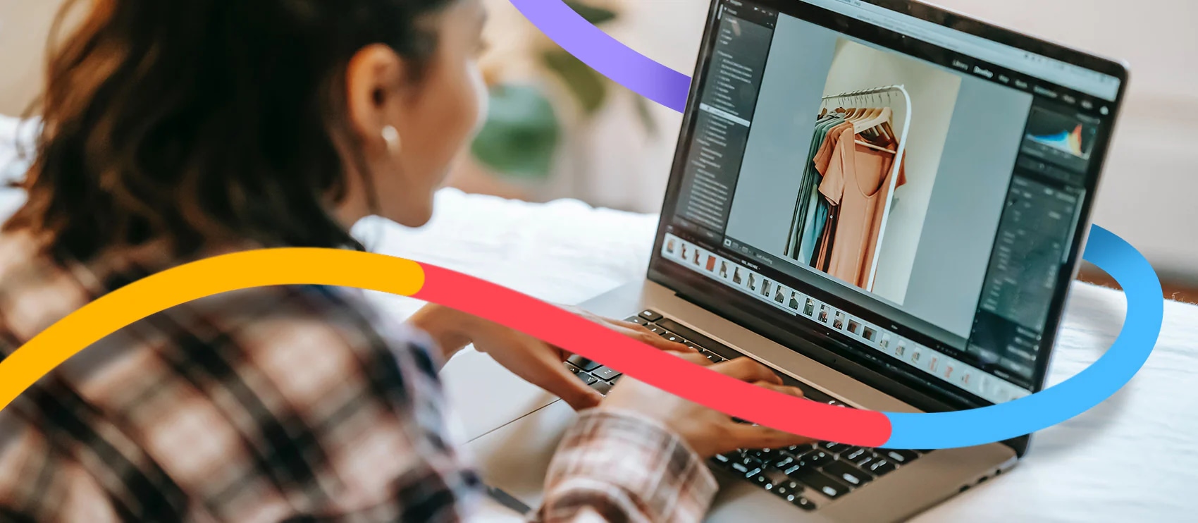 Person using a laptop to edit product photos of clothing for e-commerce, featuring vibrant color adjustments and image retouching tools.