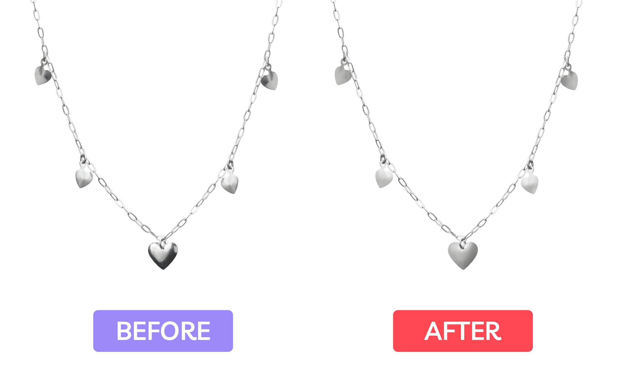 Heart pendant necklace shown before and after retouching, enhancing shine and clarity for a professional display.