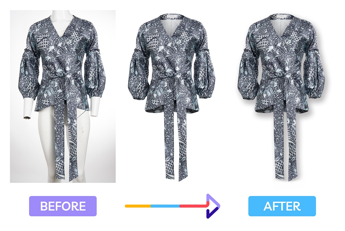 Patterned blouse on mannequin shown before and after ghost mannequin effect and background removal for a seamless product display.