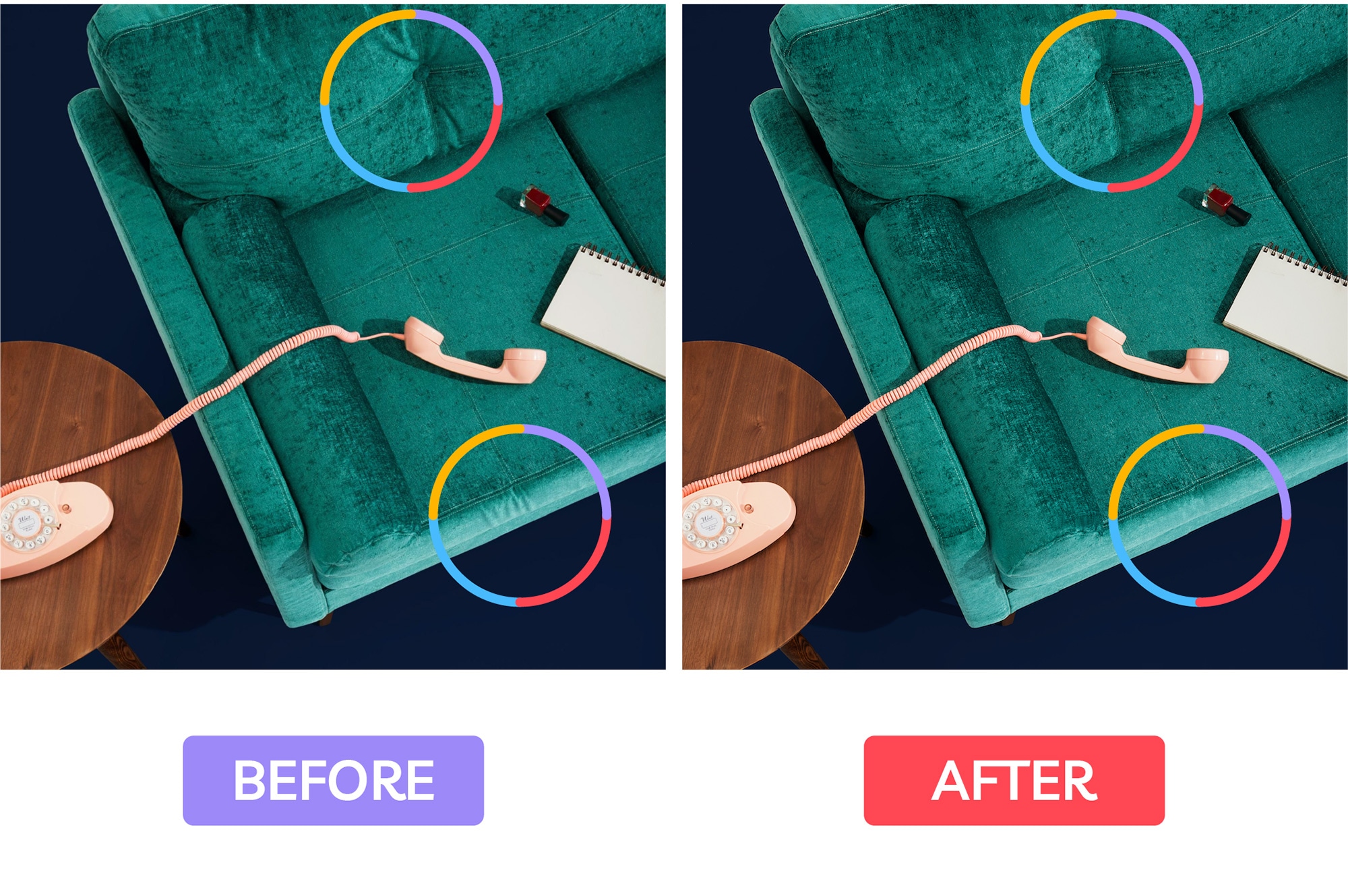 Teal sofa shown before and after retouching, with enhanced fabric texture and color correction for a refined look.