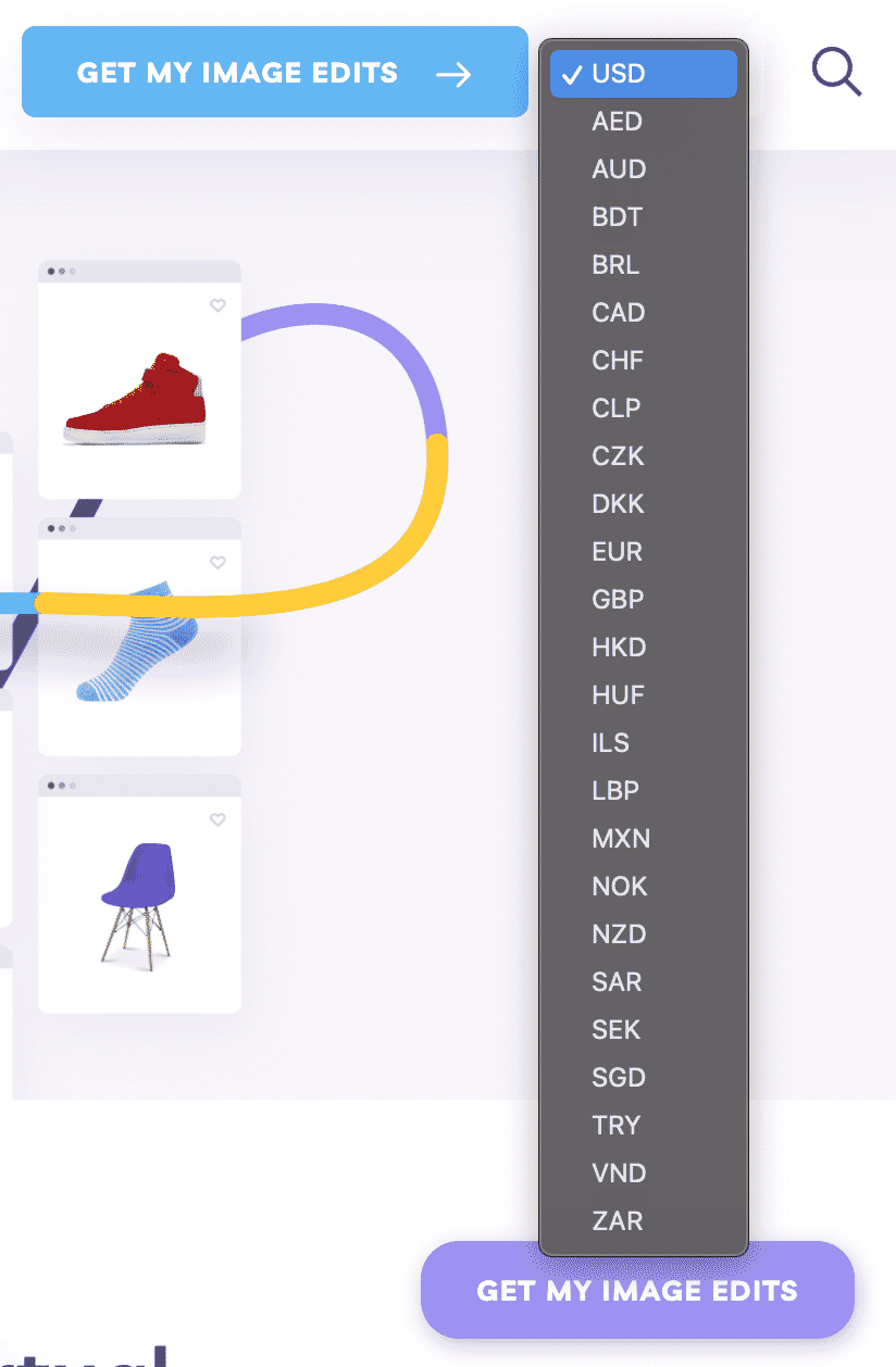 Path website currency selector dropdown with multiple currency options and