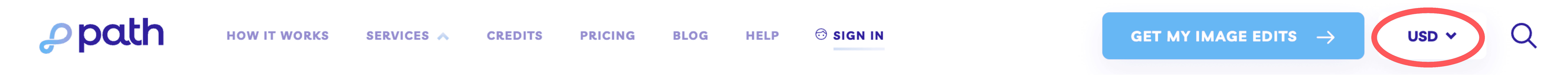 Path website navigation bar showing currency selection, sign-in option, and "Get Image Edits" button.