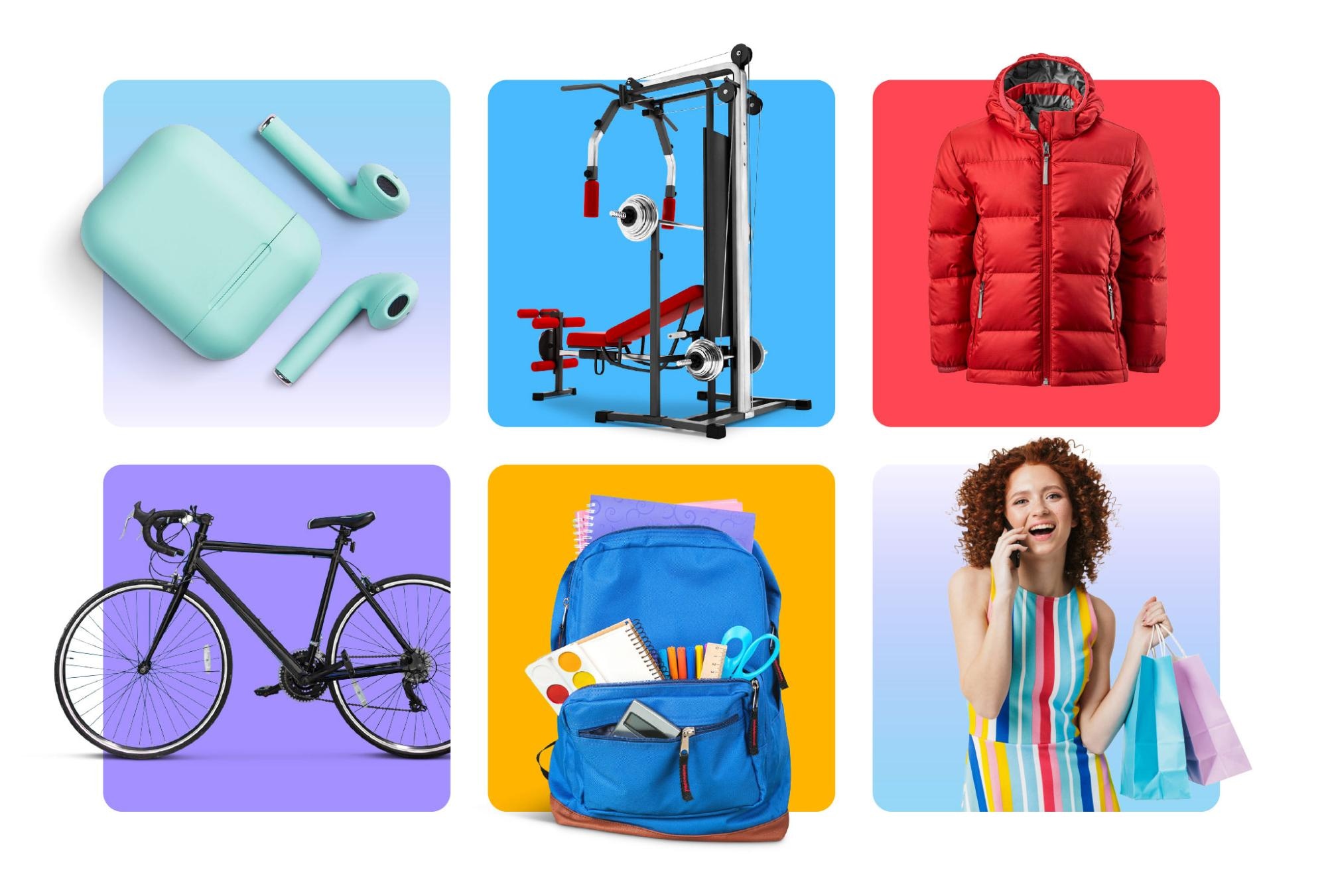 Grid of six product photos with vibrant backgrounds showing examples of background removal and clipping path editing, featuring items like earbuds, gym equipment, jacket, bike, backpack, and a woman holding shopping bags.