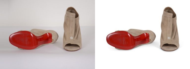 Tan shoes with red soles before and after background removal for a clean, white backdrop.