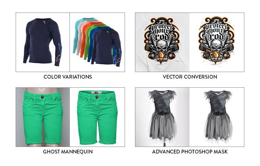Examples of color variations, vector conversion, ghost mannequin, and advanced Photoshop masking services