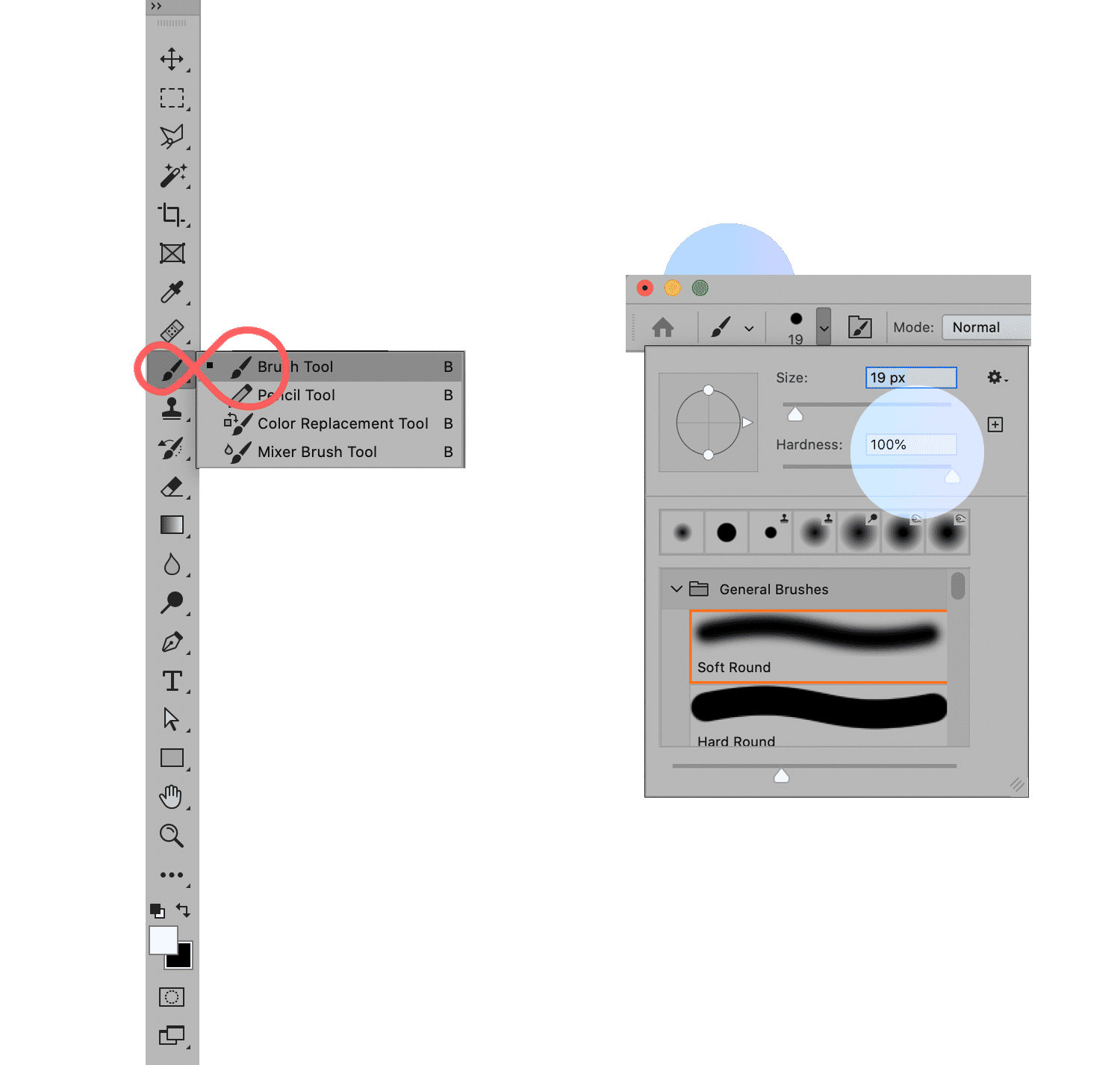 Photoshop interface highlighting brush tool selection and settings panel with size and hardness adjustments.