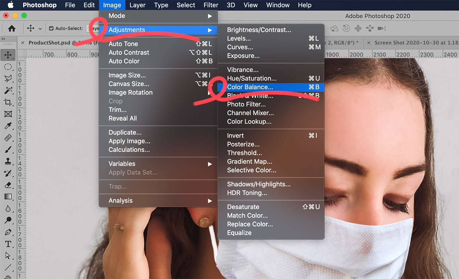 Photoshop menu with "Image" > "Adjustments" > "Color Balance" highlighted for editing color tones.