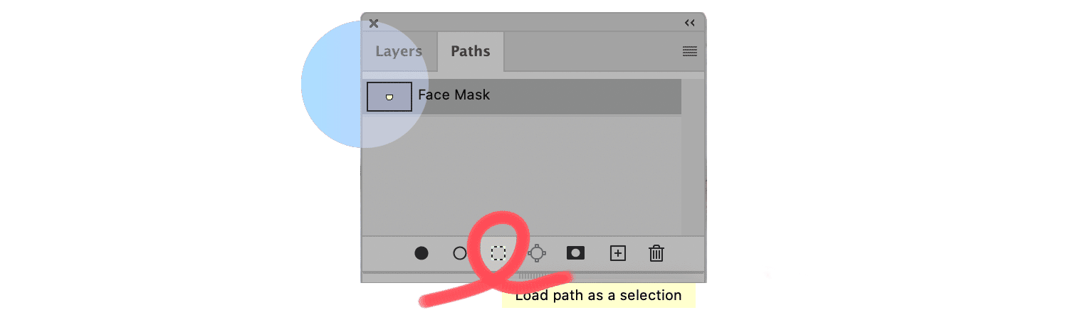 Photoshop Paths panel showing a saved path named "Face Mask" with the "Load path as a selection" icon highlighted.