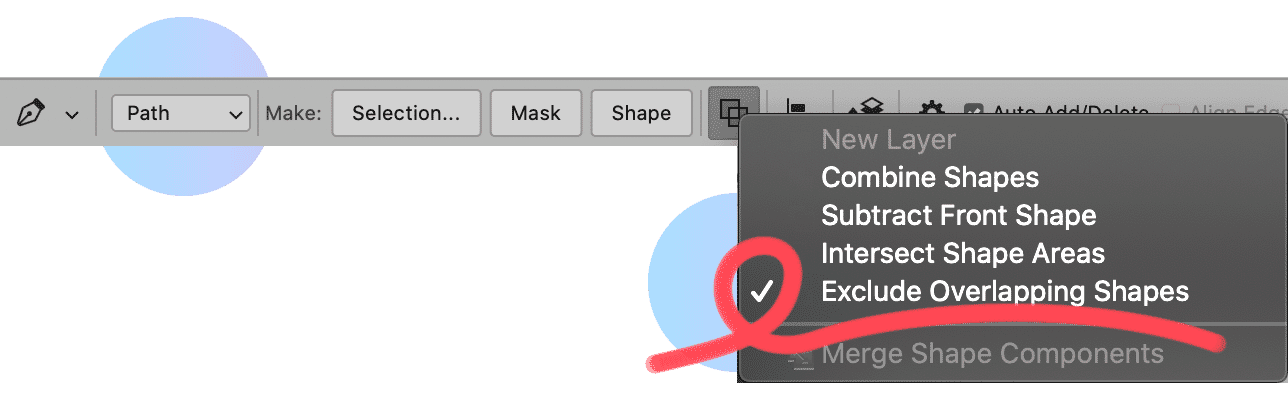 Photoshop Shape Tool menu showing "Exclude Overlapping Shapes" option highlighted with a red loop.