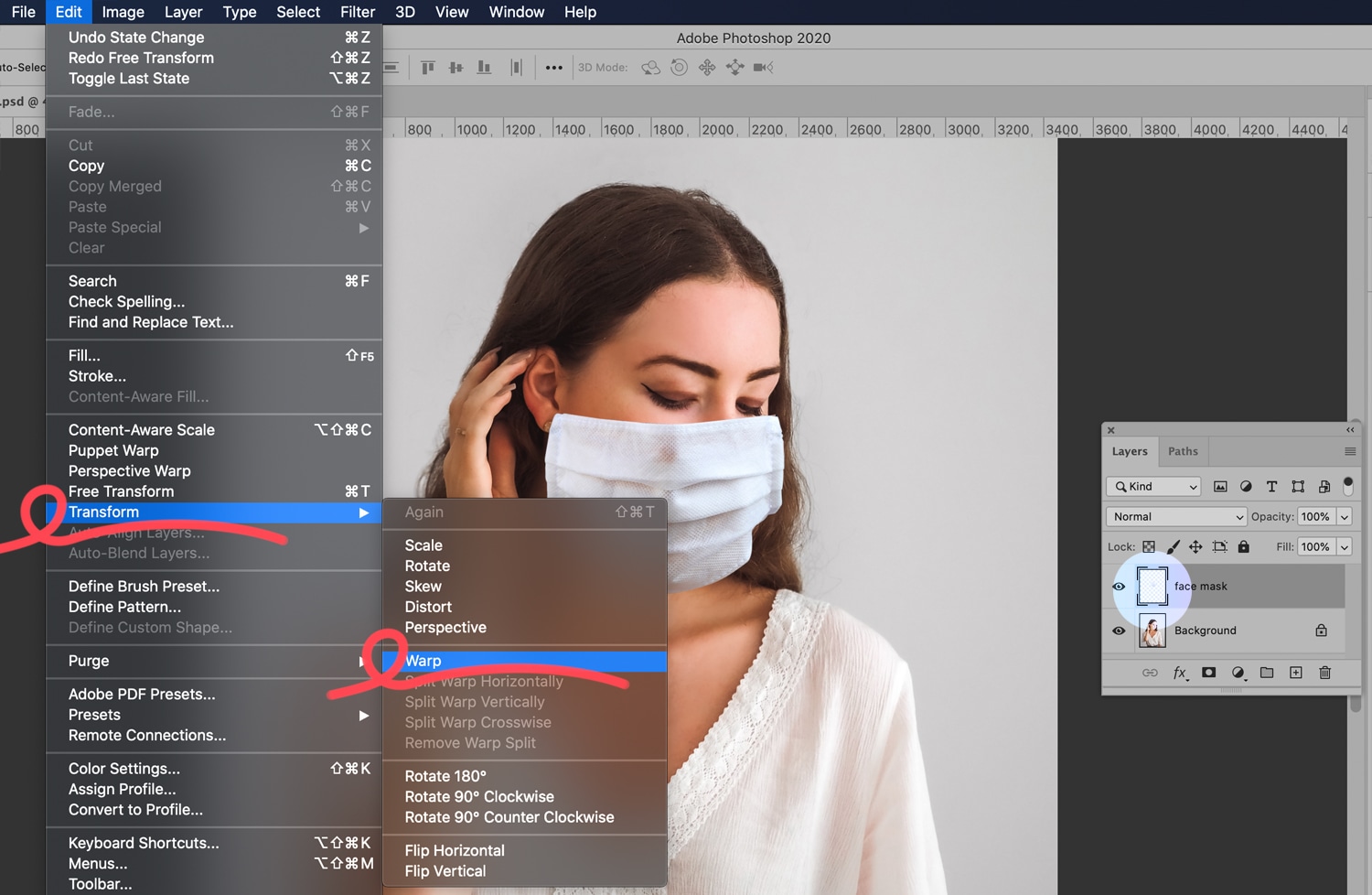 Photoshop interface showing the Transform > Warp option selected, with a face mask layer positioned over a woman’s face.