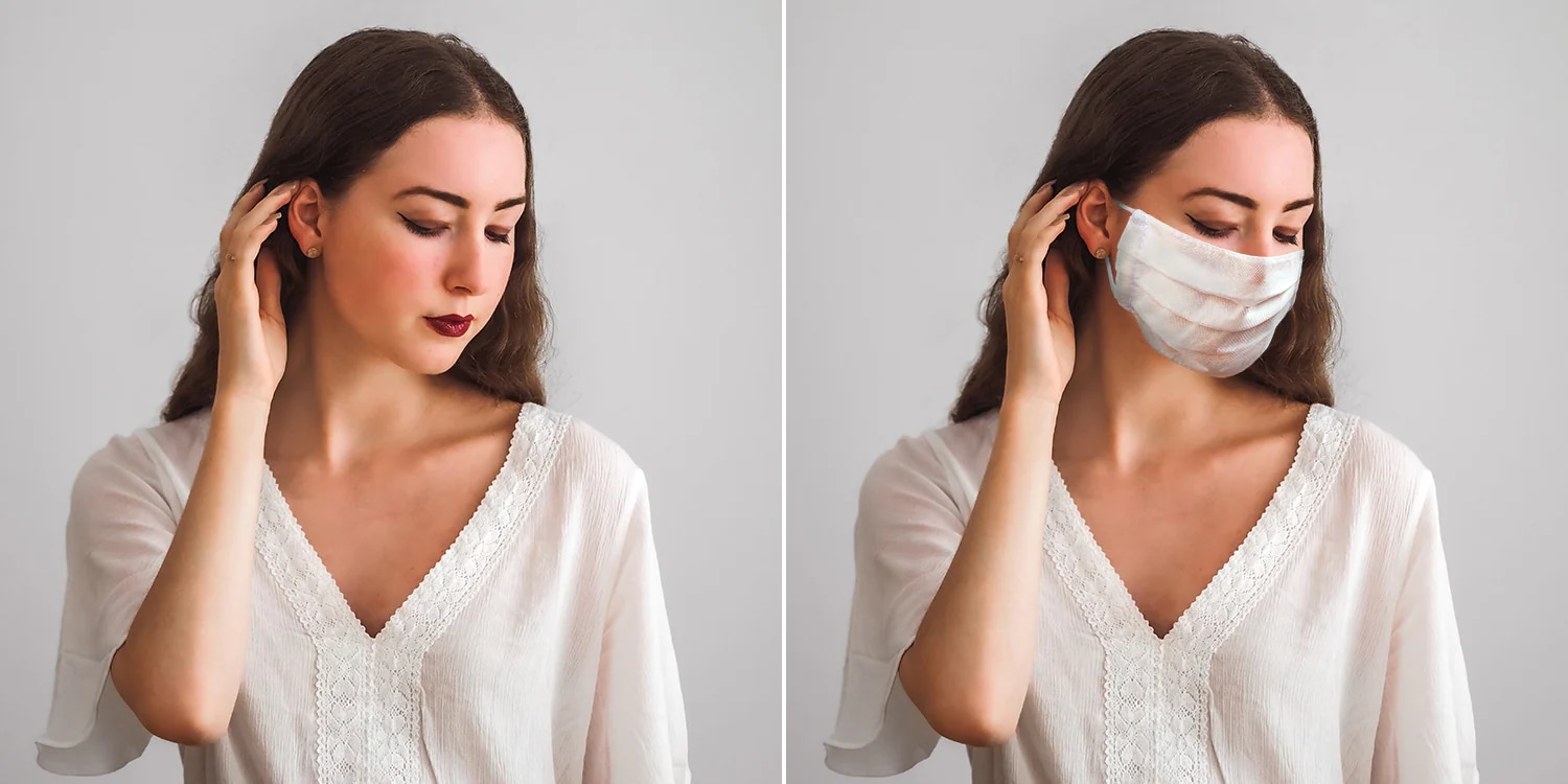Side-by-side portrait comparison of a woman before and after adding a face mask, showcasing retouching edits.