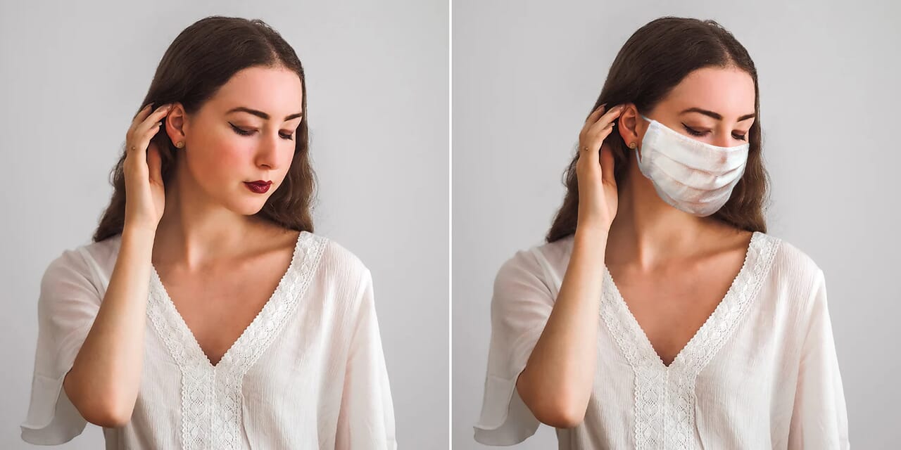 Side-by-side portrait comparison of a woman before and after adding a face mask, showcasing retouching edits.