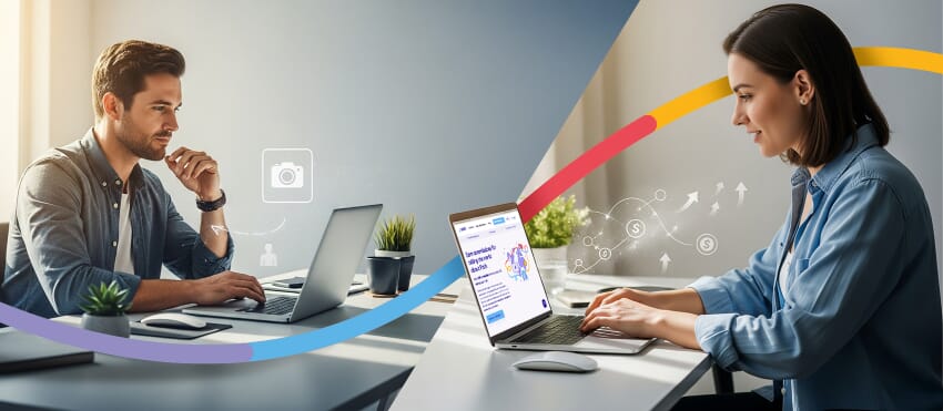 Two professionals working remotely on laptops with colorful digital lines connecting them, representing Path's affiliate program collaboration and branding.