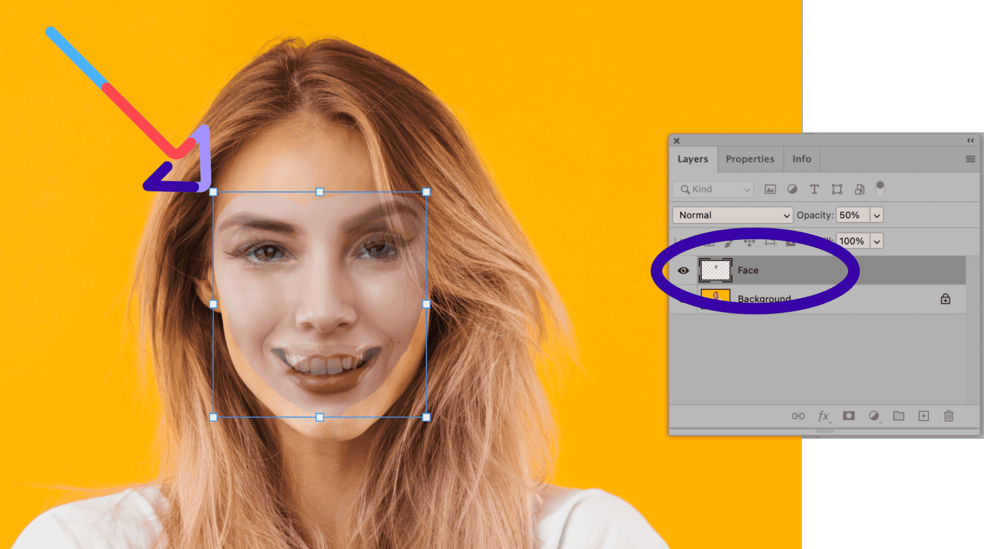 Face layer resized and aligned in Photoshop for face swap effect with opacity adjustment