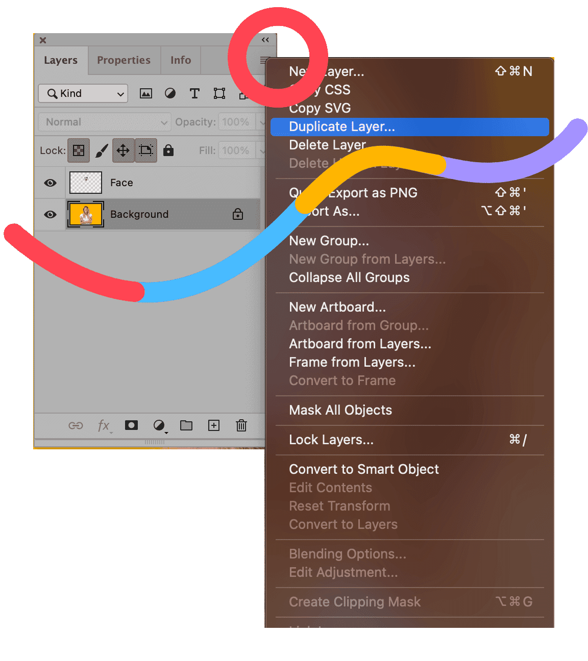 Photoshop menu with 'Duplicate Layer' option highlighted in the layers panel