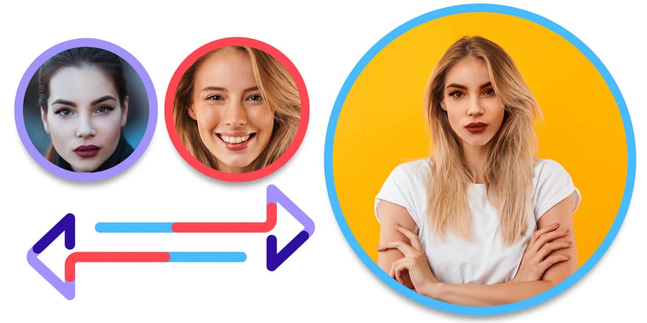Face swap examples with Photoshop showing two portraits swapped and final result on yellow background