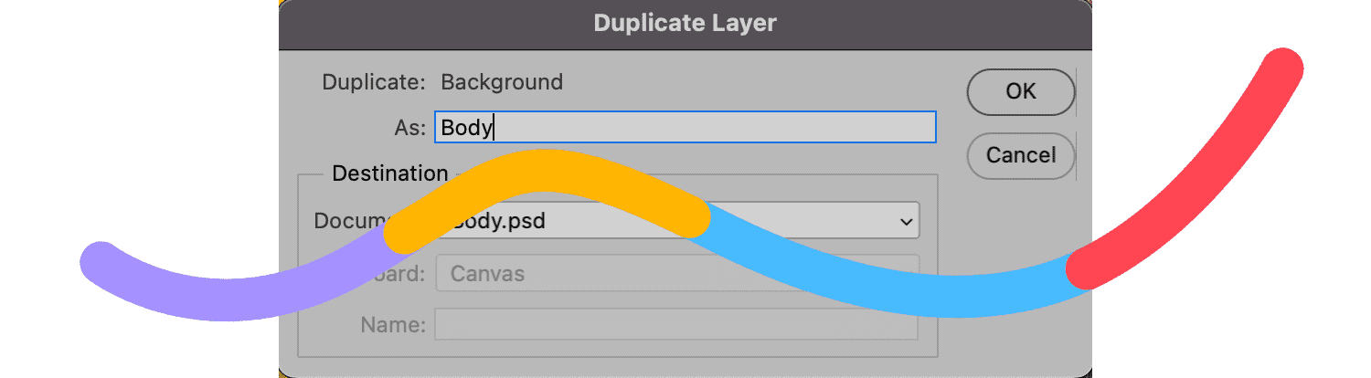 Photoshop duplicate layer dialog with 'Body' as the new layer name