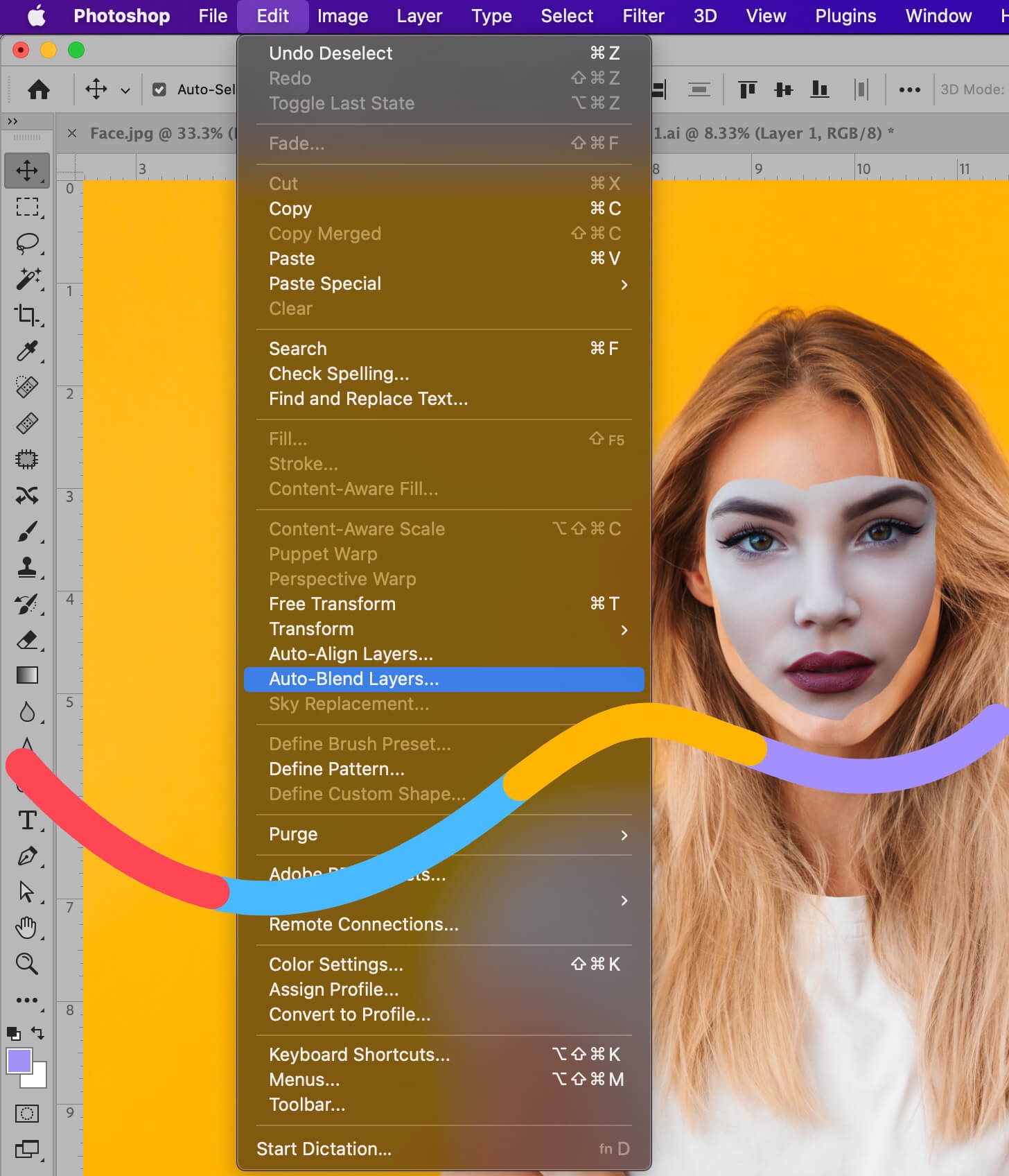 Photoshop interface highlighting the Auto-Blend Layers option for face blending over body.