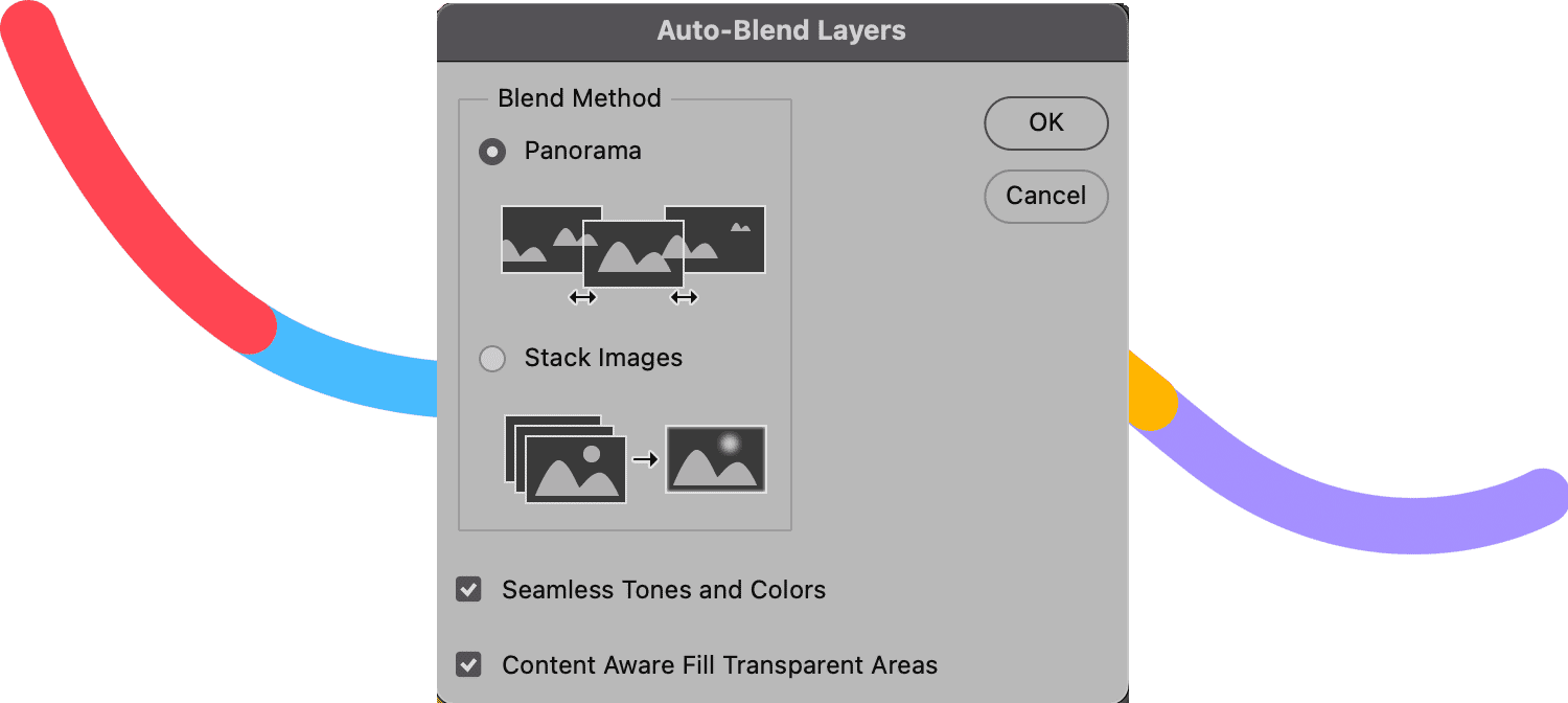 Auto-Blend Layers dialog in Photoshop with options for Panorama and Stack Images.