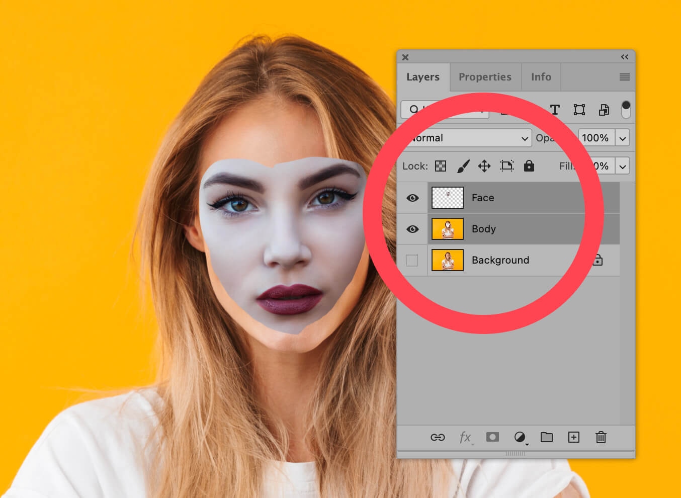 Photoshop layer panel showing face blending over body on orange background for face swap effect
