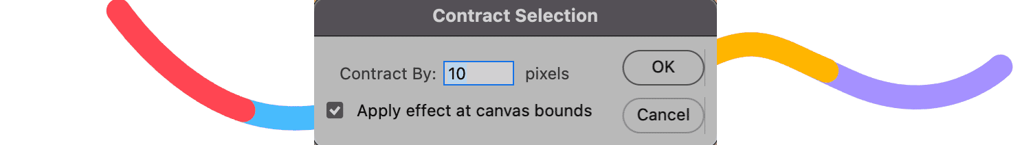 Photoshop 'Contract Selection' tool set to adjust selection by 10 pixels, with 'Apply effect at canvas bounds' option