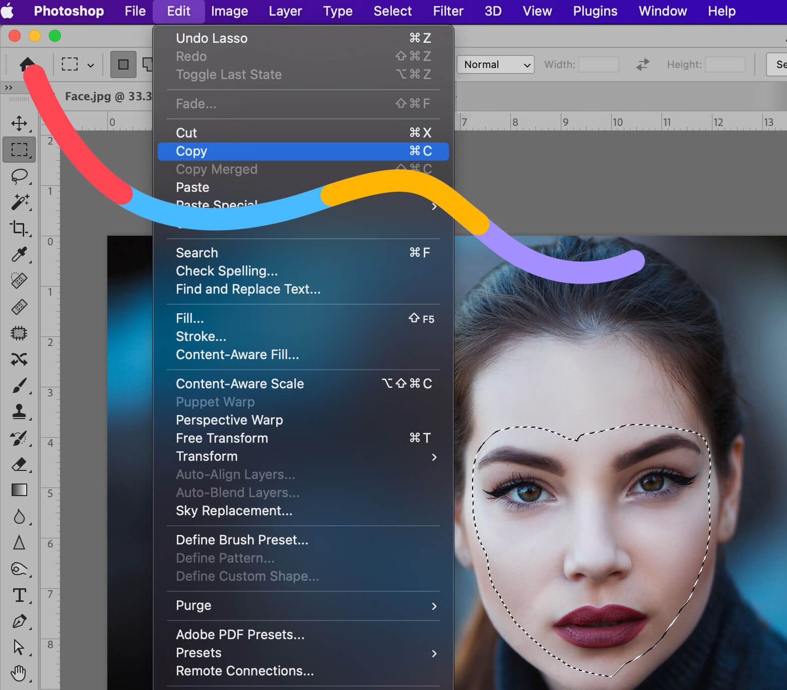 Photoshop interface showing face selection outline with 'Copy' option highlighted in the Edit menu.