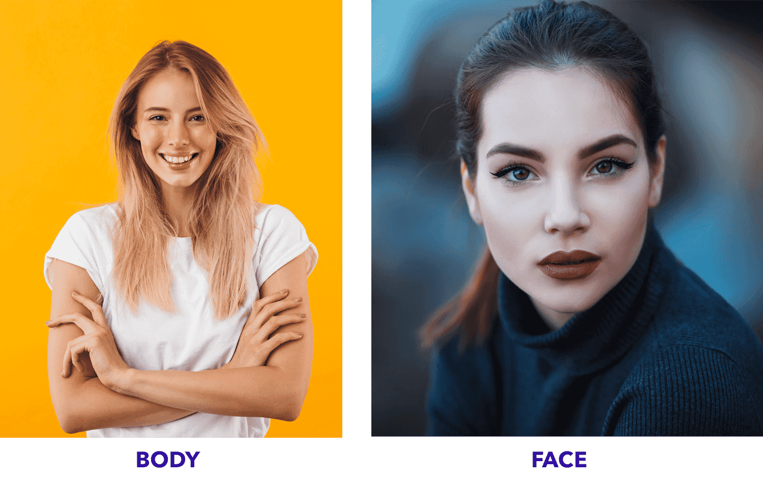 Two images showing body and face for Photoshop face swap, with one on yellow background and the other close-up
