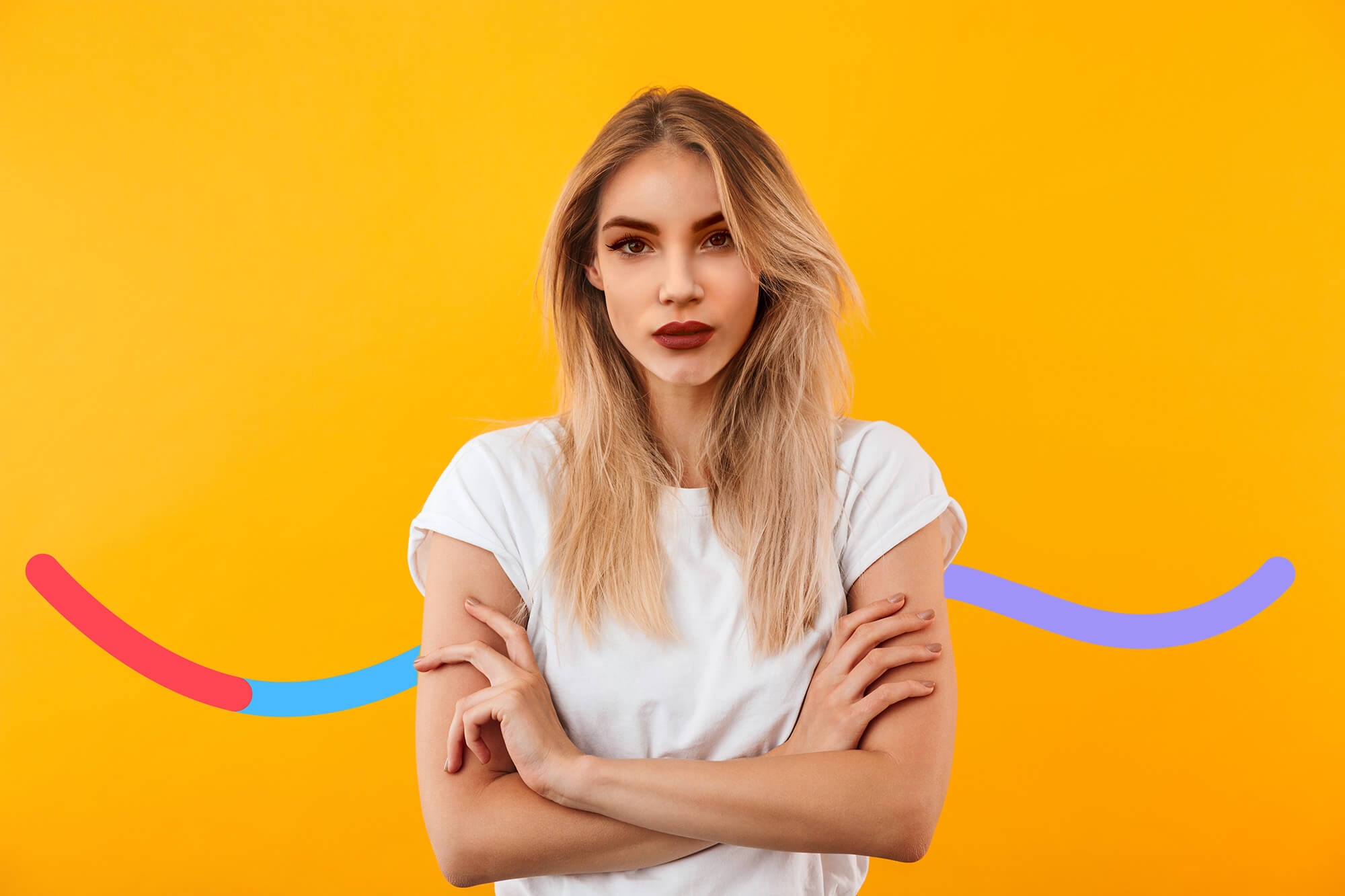 Completed face swap on woman against yellow background with seamless blending applied.