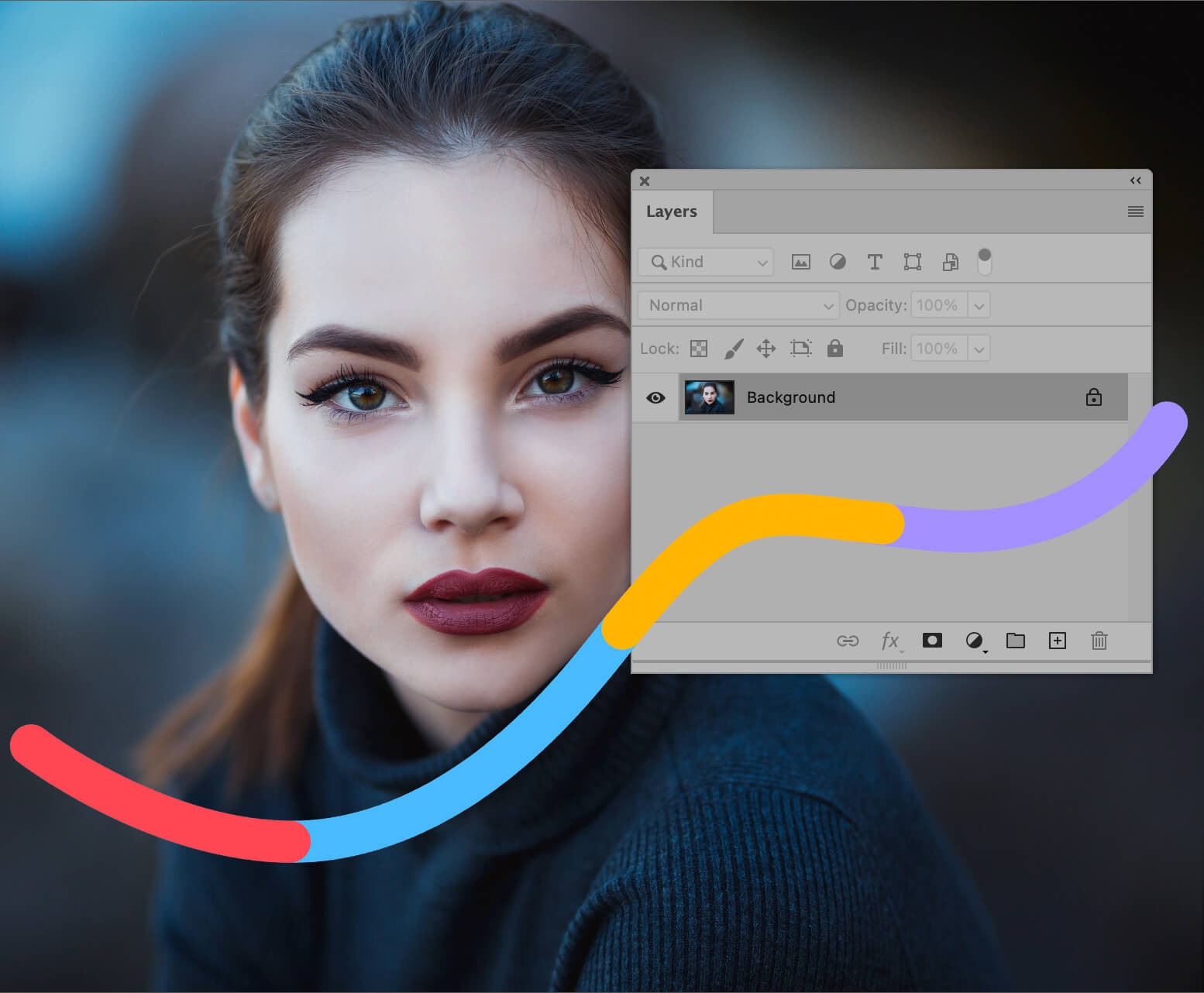 Close-up portrait in Photoshop with layer panel open for face selection in face swap editing.