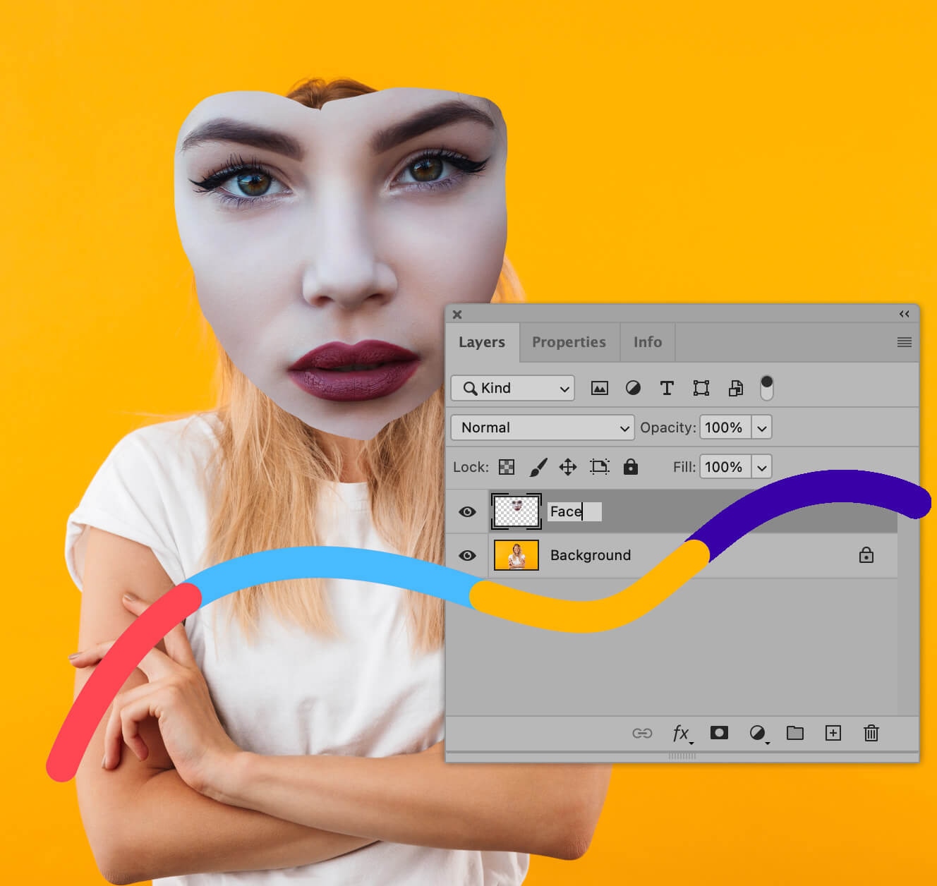 Photoshop interface showing face layer over background in face swap tutorial.