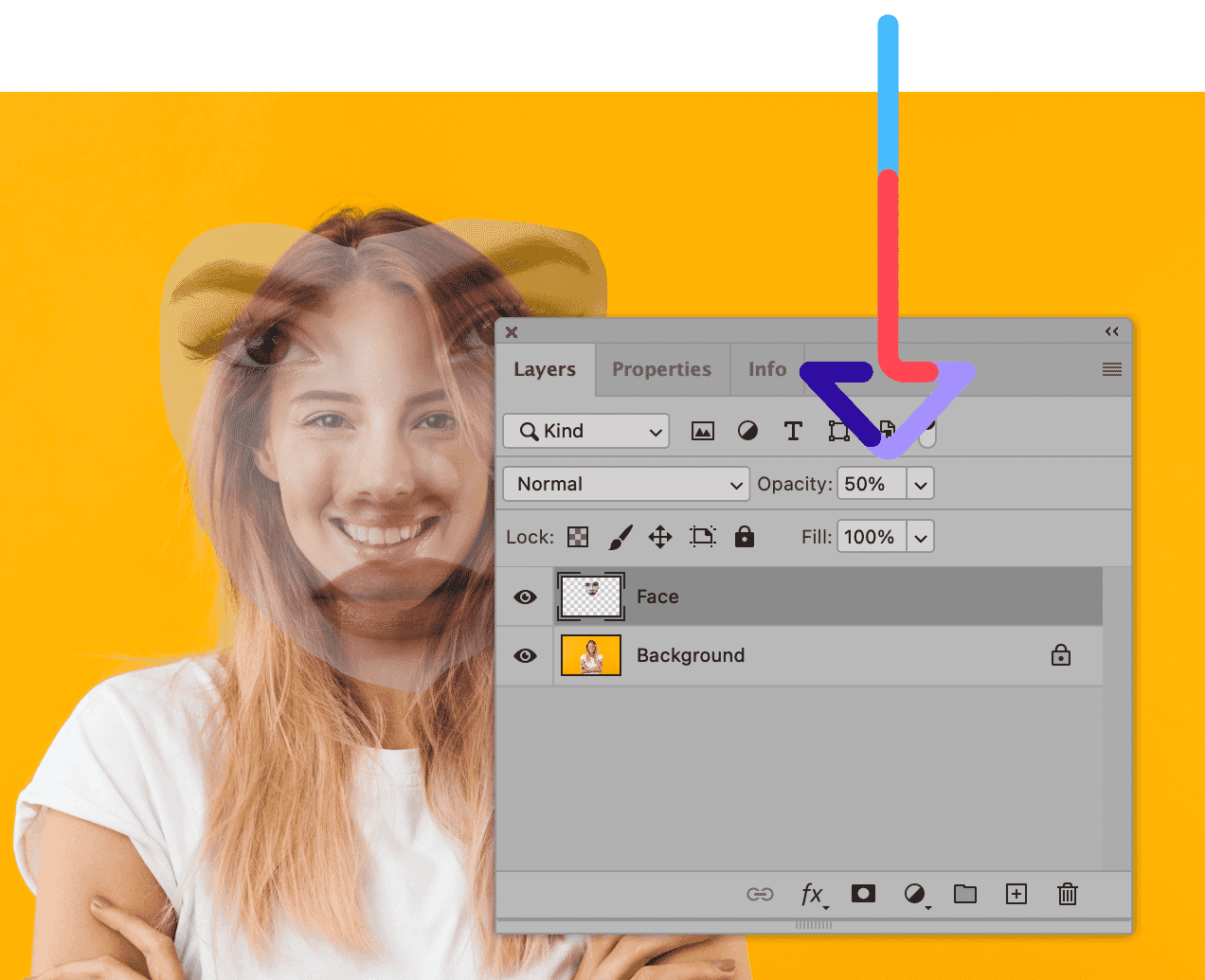 Photoshop face swap tutorial showing face layer with 50% opacity over background