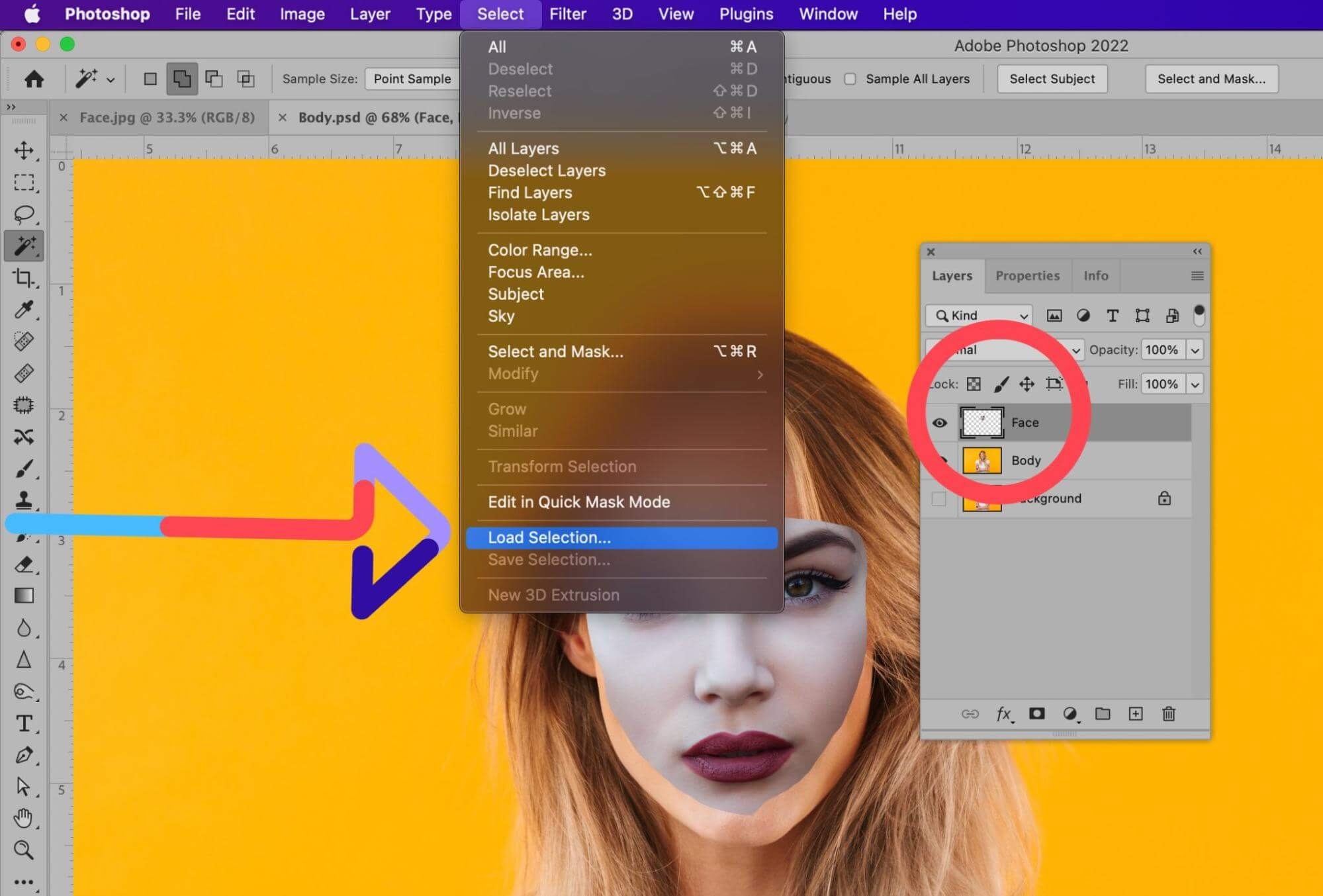 Photoshop selection menu with 'Load Selection' highlighted for the face layer in the layers panel.