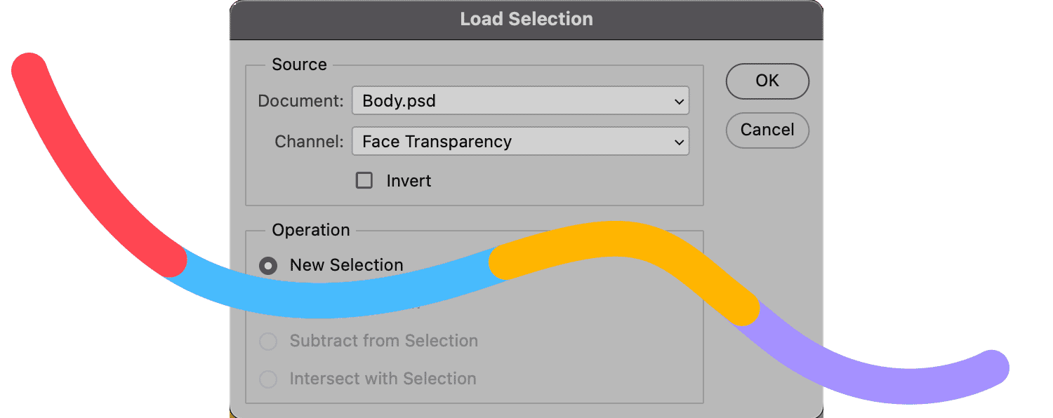 Photoshop 'Load Selection' window with document set to 'Body.psd' and channel to 'Face Transparency
