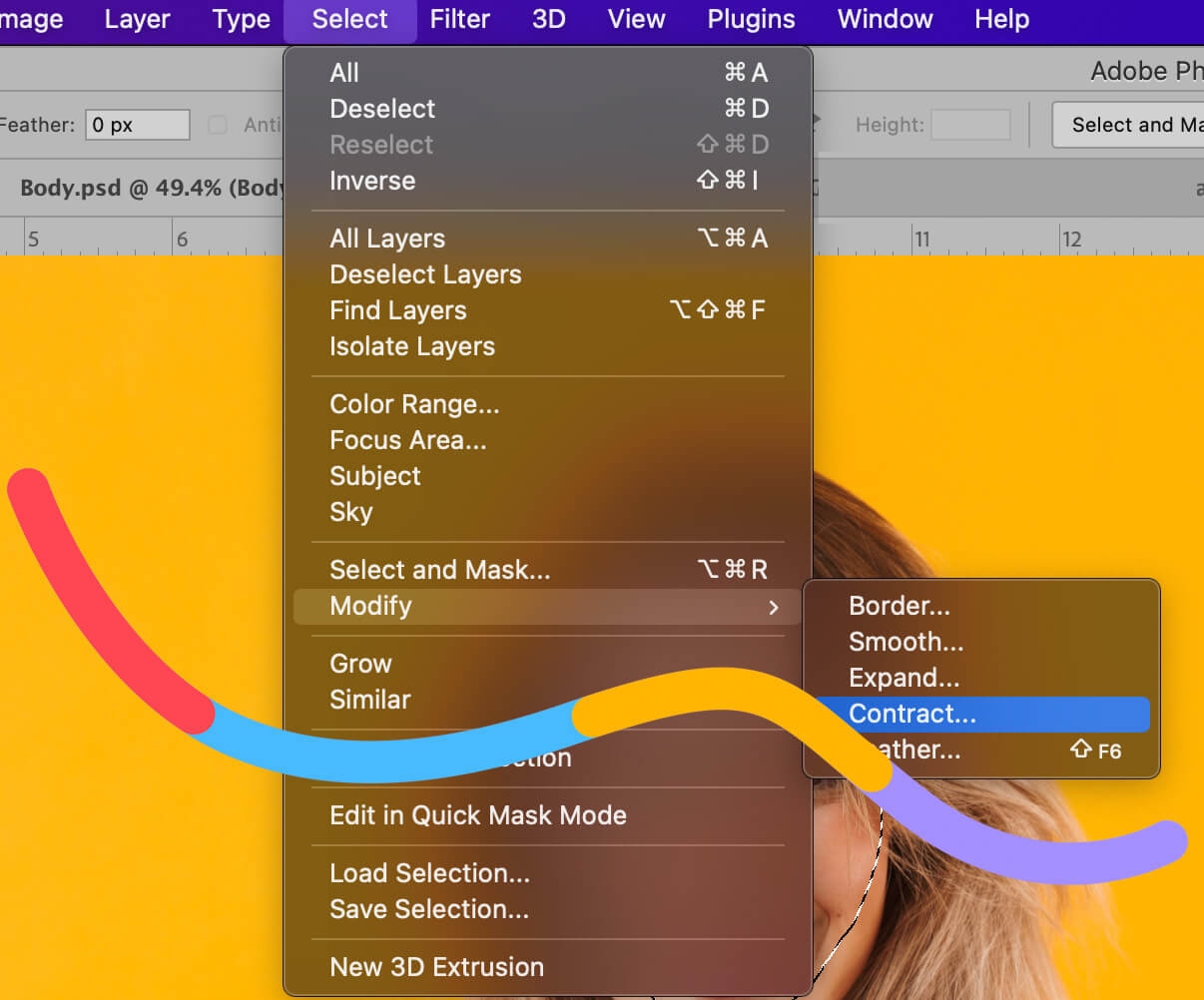 Photoshop selection menu with 'Modify' submenu open, highlighting 'Contract' option to adjust selected area size